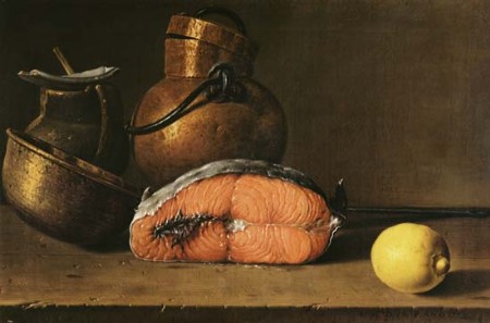 Luis Melendez's Still Life with a Piece of Salmon, a Lemon and Kitchen Utensils 