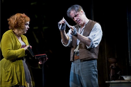 Harriet Harris and Jeff McCarthy sharpen check out the tools of the trade in the Barrington Stage Company production of Sweeny Todd. Photo by Kevin Sprague