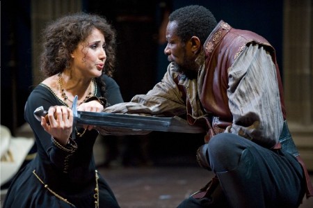 John Douglas Thompson (Richard III) and Lady Anne () share a romantic moment in the Shakespeare & Company production of Richard III