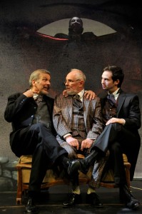 Dracula (Michael Goodfriend) looks on as Seward (Gus Kaikkonen) and Harker (Jed Resnick) hold down a panicked Van Helsing (Michael Page) in "Laughing Stock" at the Peterborough Players. Photo: Deb Porter-Hayes.