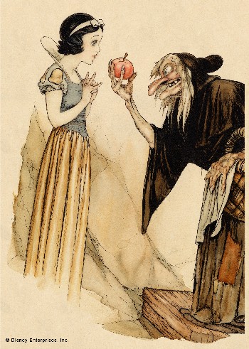 Snow White and Witch with Poisoned Apple Gustaf Tenggren Book illustration; watercolor and ink on paper Courtesy Walt Disney Family Foundation; © Disney