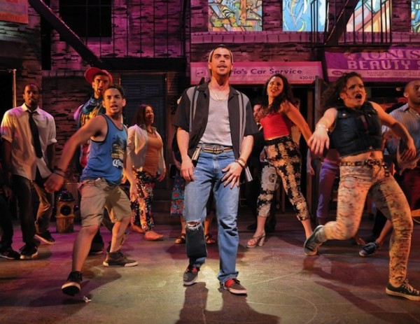 Diego Klock-Perez (center) and the cast of SpeakEasy Stage Company’s IN THE HEIGHTS. Craig Bailey/Perspective Photo.