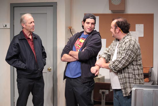 Al (from left) eyes Lester and Vic suspiciously because money has been disappearing from the cash register in "Windowmen." Photo: Boston Playwrights’ Theatre