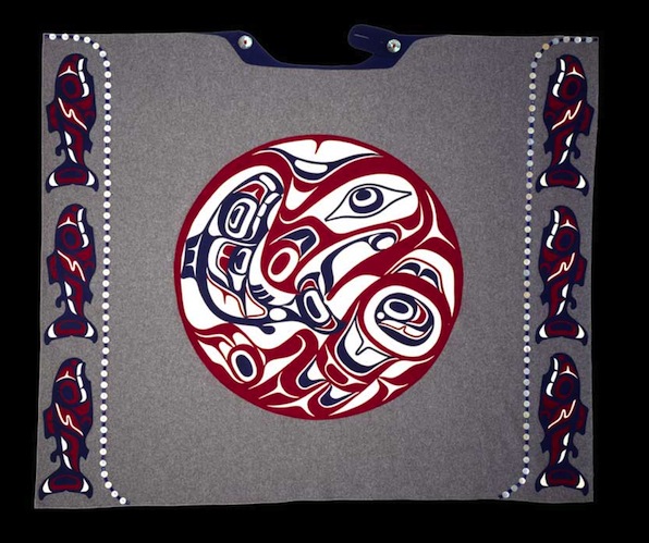 Eagle Salmon Blanket, traditional in form but using ultra suede as well as wool and mother of pearl. It is the work of Dan Yeomans (born 1957) and Trace Yeomans, both of Haida ancestry.