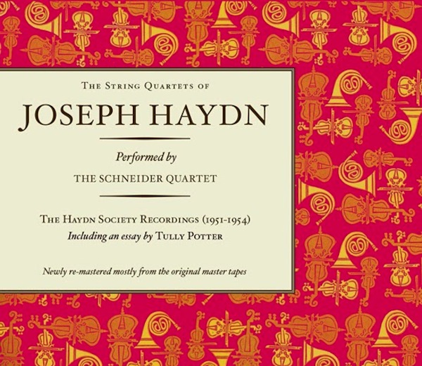 The cover of the booklet accompanying the Music and Arts CD reissue of the legendary not-quite-complete 1951-53 Haydn Society cycle of the Haydn string quartets by the Schneider Quartet