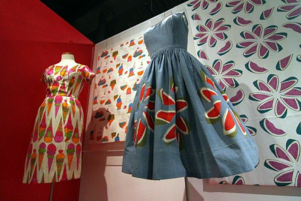 Two dresses made of fabric designed by Andy Warhol.