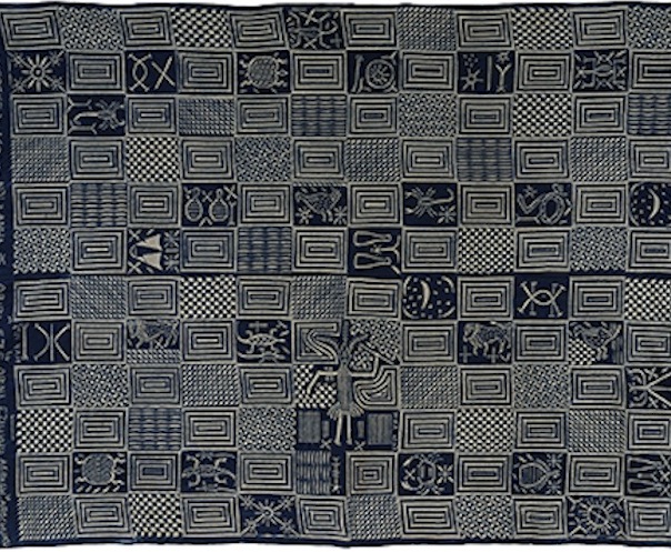 Mazi Okereke Agbam of Arochukwu's personalized ukara cloth, 1972. Cotton, indigo dye. Collection of Eli Bentor. Photo: Hood Museum of Art