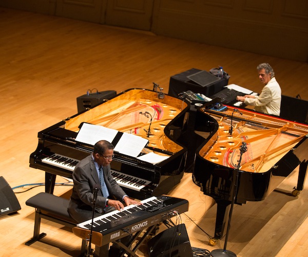 Chick Corea and Herbie Hancock perform a Celebrity Series recital at Symphony Hall on Sunday. Photo: Robert Torres.