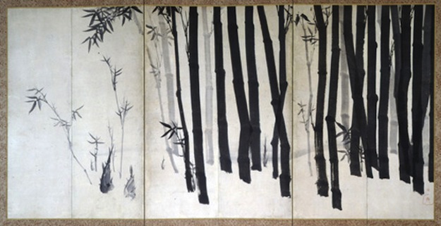 Nagasawa Rosetsu, Japanese, 1754-99, Bamboo, 1790s, Six-panel folding screen; ink on paper, No signature.