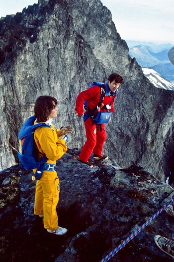 Jean and Carl Boenish standing on a ledge preparing to jump, in a scene from "Sunshine Superman." Photo courtesy of Magnolia Pictures.