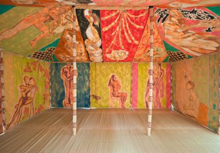 tanding with truth Tent, 2012-2013 (interior view) Tempera on cotton, embroidery, hand stitching, bamboo poles, wood finials, ropes, iron weights. Photo: Courtesy of MASSMoCA
