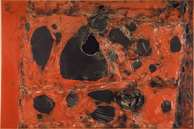 Alberto Burri, "Rosso plastica M 2 (Red Plastic M 2)," 1962 (detail).