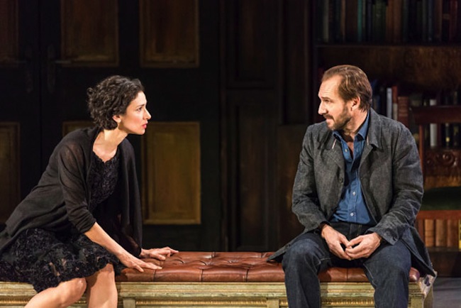 Indira Varma (Ann) and Ralph Fiennes (John) in the NT Live Production of George Bernard Shaw's "Man and Superman." PhotoL Johan Persson.