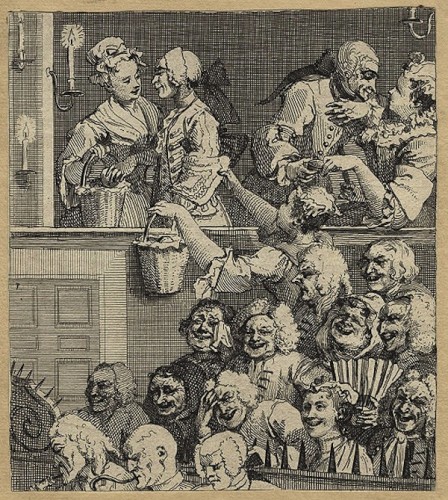 William Hogarth etching "The Laughing Audience" (1733) depicts eighteenth-century theater scene.
