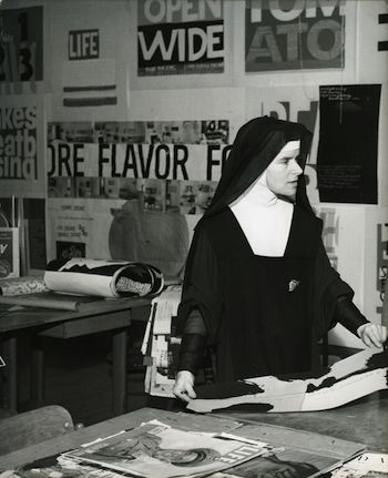 Corita Kent teaching with LIFE magazine, circa 1965. Photo: Mary Anne Karia (nee Mikulka)