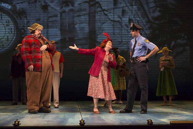 Nick Offerman as Ignatius J. Reilly, Anita Gillette as Irene Reilly, and Paul Melendy as Patrolman Mancuso in "A Confederacy of Dunces" at the Huntington Theatre Company. Photo: T. Charles Erickson.