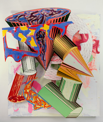 Frank Stella. Gobba, zoppa e collotorto, 1985. Oil, urethane enamel, fluorescent alkyd, acrylic and printing ink on etched magnesium and aluminium. 137 x 120 1/8 x 34 3/8 in (348 x 305 x 87.5 cm). The Art Institute of Chicago; Mr. and Mrs. Frank G. Logan Purchase Prize Fund; Ada Turnbull Hertle Endowment 1986.93. © 2015 Frank Stella/Artists Rights Society (ARS), New York.