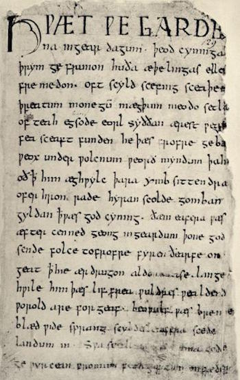 Opening lines of Beowulf. From the British Library Cotton ms, at least 1000 years old.