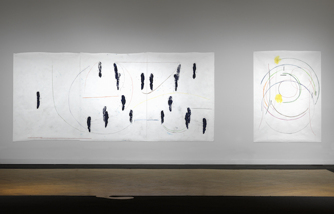 Esther Kläs, BA/JJ-J, 2013 , oil-based ink and colored pencil on paper, 79 ½ × 177 inches (three panels) and Esther Kläs, BA/SUN, 2013, colored pencil on paper, 81 ¼ × 59 inches, Courtesy of the artist and Peter Blum Gallery, New York, Photo: Clements Photography and Design, Boston