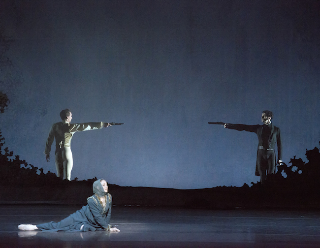 Ashley Ellis, Patrick Yocum, and Lasha Khozashvili in John Cranko's Onegin; photo by Gene Schiavone, courtesy of Boston Ballet