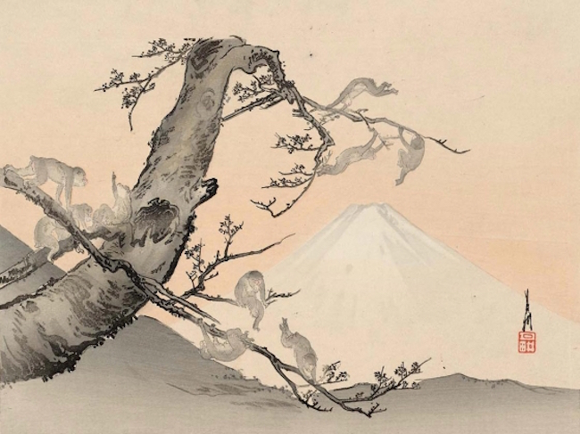Ogata Gekkō, Monkeys and Mount Fuji, Japanese, Meiji era, 1900s. Woodblock print (nishiki-e); ink and color on paper. Gift of L. Aaron Lebowich.