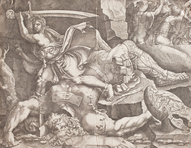 "David Cutting Off the Head of Goliath" (after Giulio Romano), 1540, engraving by Giovanni Battista Scultori. Gift of Judith Keenan.