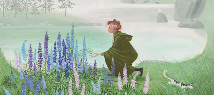 "Miss Rumphius and the Lupine in Maine for 'Miss Rumphius'," 1982, (detail), Barbara Cooney. Bowdoin College Museum of Art, Bequest of Barbara Cooney. © Barbara Cooney Porter 1982. Digital photo: Peter Siegel.
