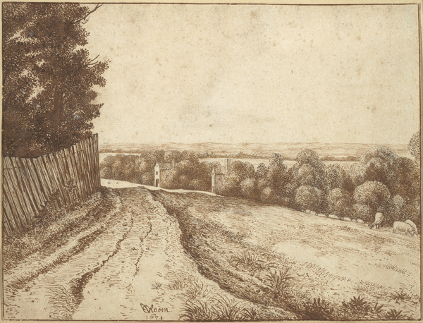  Cornelis Vroom, Dutch (Haarlem(?), Netherlands 1591-1592 - 1661 Haarlem, Netherlands) Landscape with a Road and a Fence 1631 Dutch Brown ink over graphite on cream antique laid paper 19.2 x 25.2 cm (7 9/16 x 9 15/16 in.) primary mount: 19.9 x 26 cm (7 13/16 x 10 1/4 in.) secondary mount: 28.9 x 35.6 cm (11 3/8 x 14 in.) The Maida and George Abrams Collection, Fogg Art Museum, Harvard University, Cambridge, Massachusetts, Promised Gift 25.1998.31