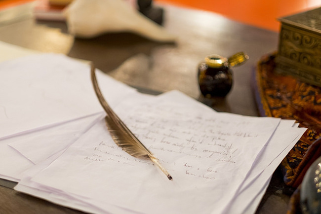 The tools of the playwright's trade in Shakespeare & Company production of "Or,". Photo: Ava G. Lindenmaier.