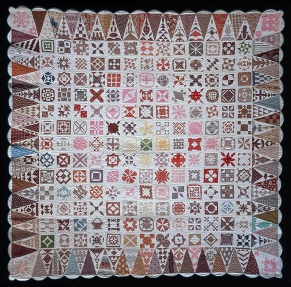 Sampler Quilt, 1863 Jane A. Stickle (1817-1896), Pieced cotton with linen backing,