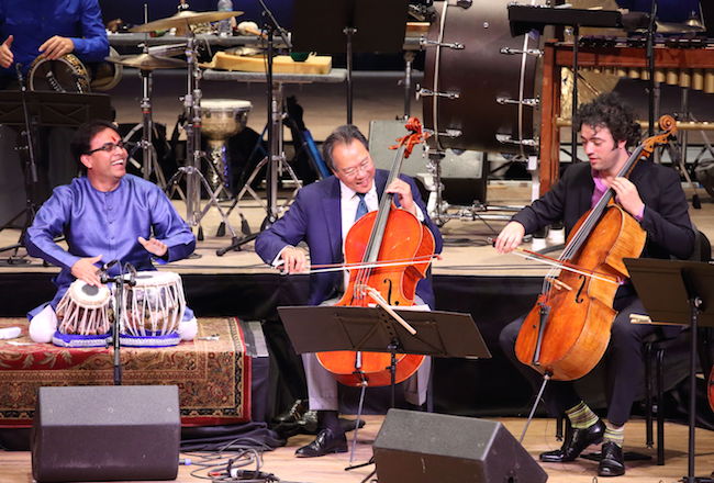 Tabla player Sandeep Das and cellists Yo-Yo Ma and Eric Jacobsen perform at the Koussevitzky Music Shed. Photo: Hilary Scott.