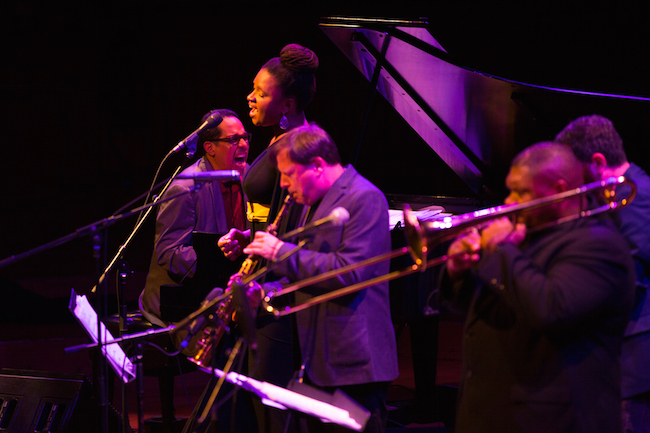 Jazz 100’s front line at Sanders Theater (left to right): Danilo Pérez, Lizz Wright, Chris Potter, Wycliffe Gordon, Avishai Cohen. Photo: Robert Torres.
