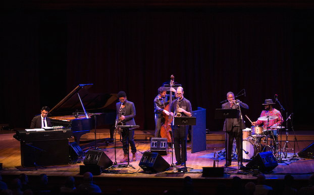The sextet in performance at Sanders. Left to right: tenor saxophonist Mark Shim, alto saxophonist Steve Lehman, and cornetist Graham Haynes. Not pictured: drummer Marcus Gilmore. Photo: Ricardo Torres 