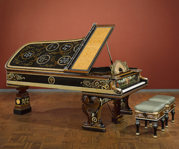The Alma-Tadema designed grand piano from the Marquand Music Room. Image courtesy of Clark Art Institute.