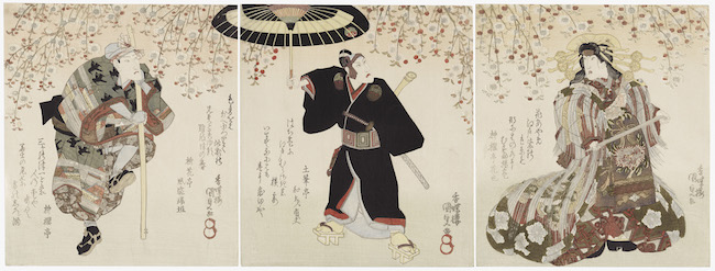 Actors Iwai Hanshirō V as Agemaki (R), Ichikawa Danjūrō VII as  Sukeroku (C), and Onoe Kikugorō III as Shinbei (L). Utagawa Kunisada. Woodblock print.  Photo: courtesy of the Museum of Fine Arts, Boston