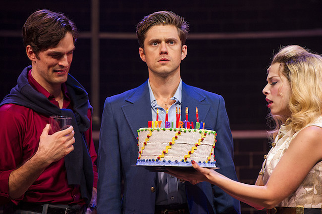 Paul Schaefer, Aaron Tveit, and Lauren Marcus in the Barrington Stage production of "Company." Photo: Daniel Rader.