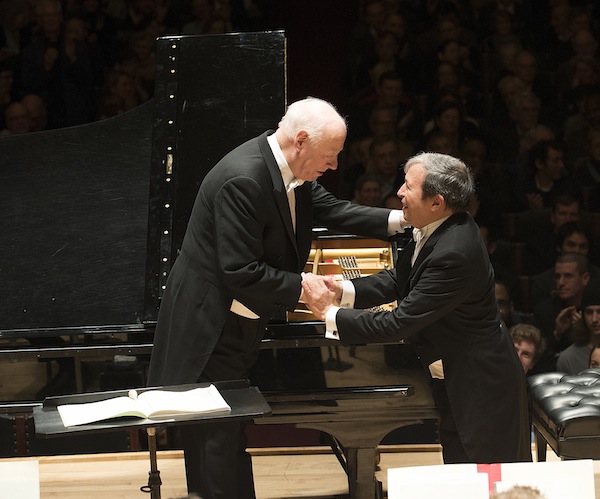 Conductor Bernard Haitink and Pianist Murray Perahia bow following the BSO's performance of Schumann's Piano Concerto. Photo: Stu Rosner.