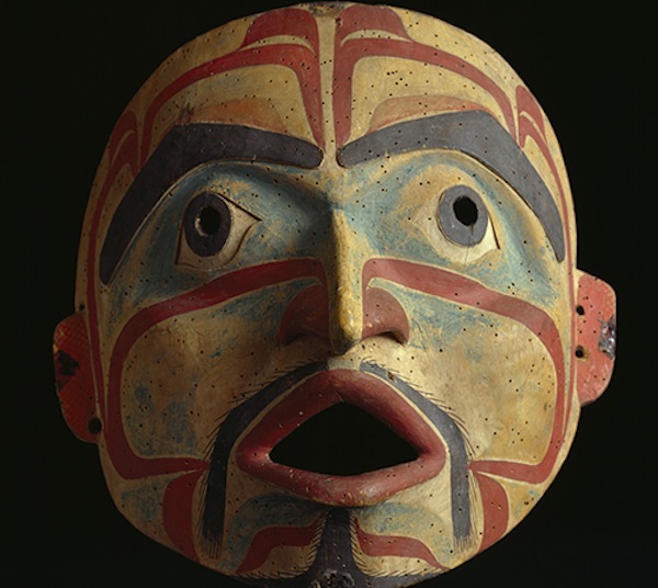 Mask. Carved wood, painted with a pegmouth grip. Bella Bella artist 19th cen. BC Canada