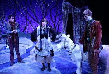 John Ambrosino (the Baker), Lisa Yuen (the Baker’s Wife), and Gregory Balla (Jack) in Lyric Stage Company’s “Into the Woods.” Photo: Mark S. Howard.