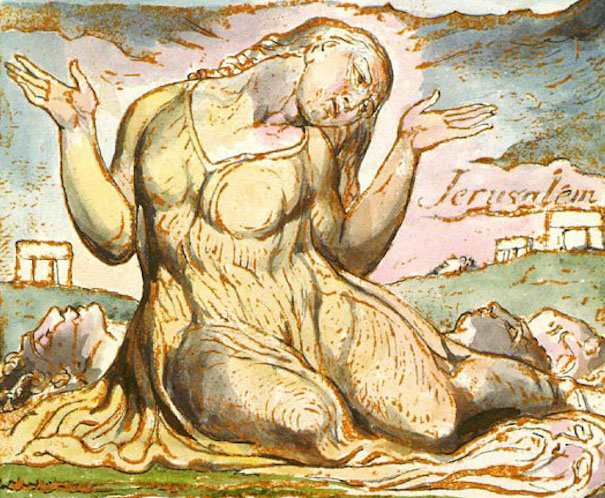 William Blake's "Jerusalem: Druid Rocks with pitying figure of Jerusalem. Copy A, Plate 92, detail, (British Museum)
