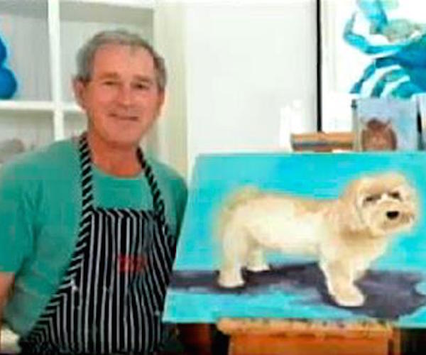 George W. Bush proudly displaying his art. Photo: YouTube.