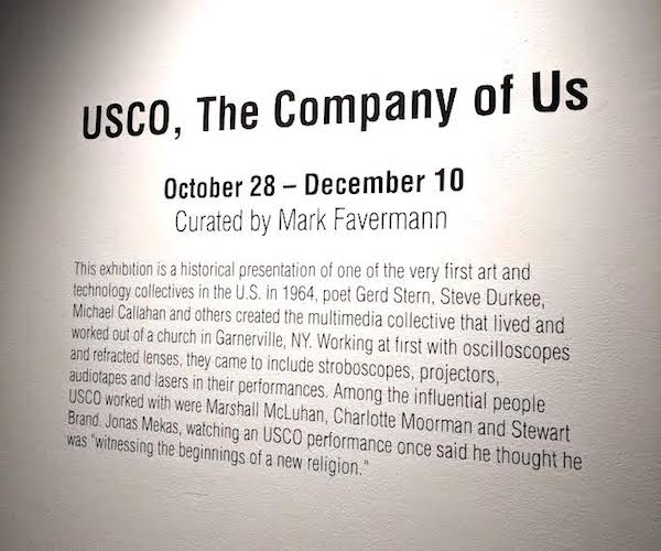 Entrance sign to USCO, The Company of US, exhibit at Boston CyberArts Gallery. Photo: Evan Eisert.
